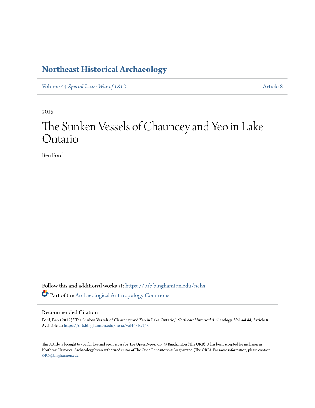 The Sunken Vessels of Chauncey and Yeo in Lake Ontario