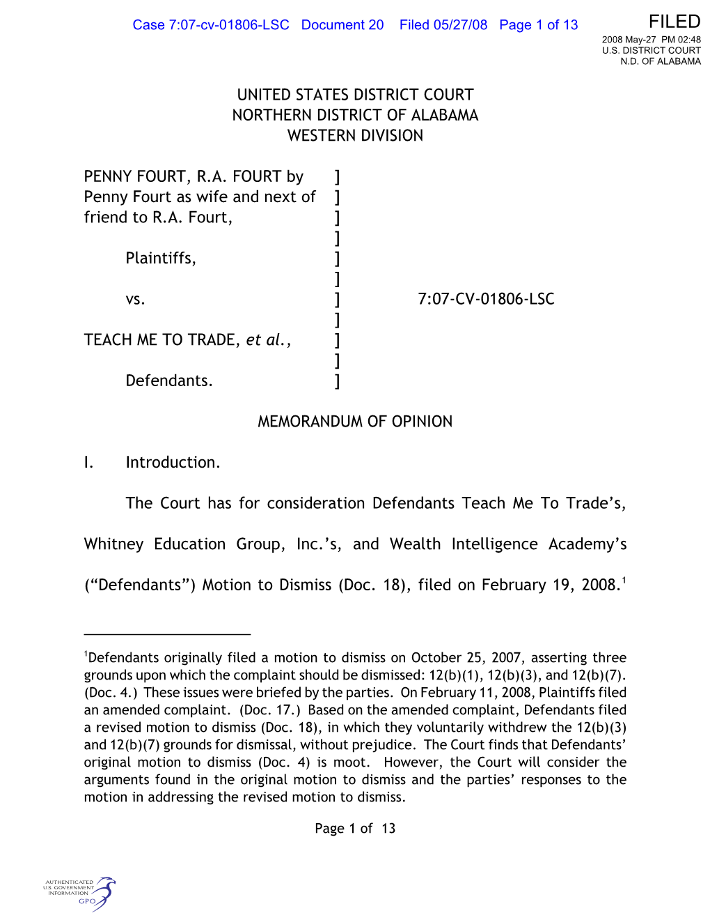 United States District Court Northern District of Alabama Western Division