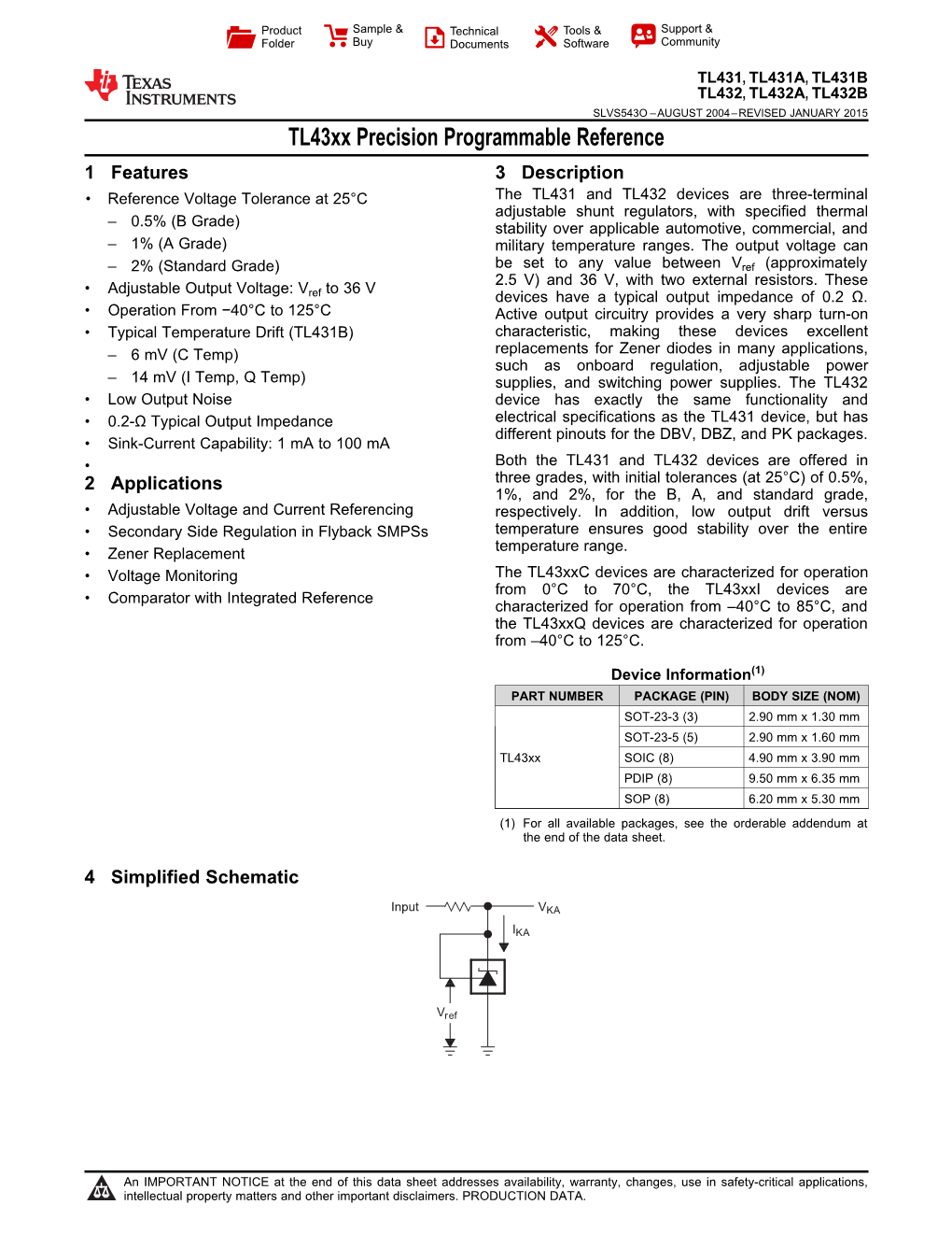 TL431, TL432 Adjustable Precision Shunt Regulator (Rev. O)