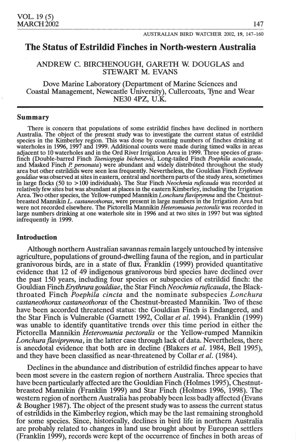 The Status of Estrildid Finches in North-Western Australia