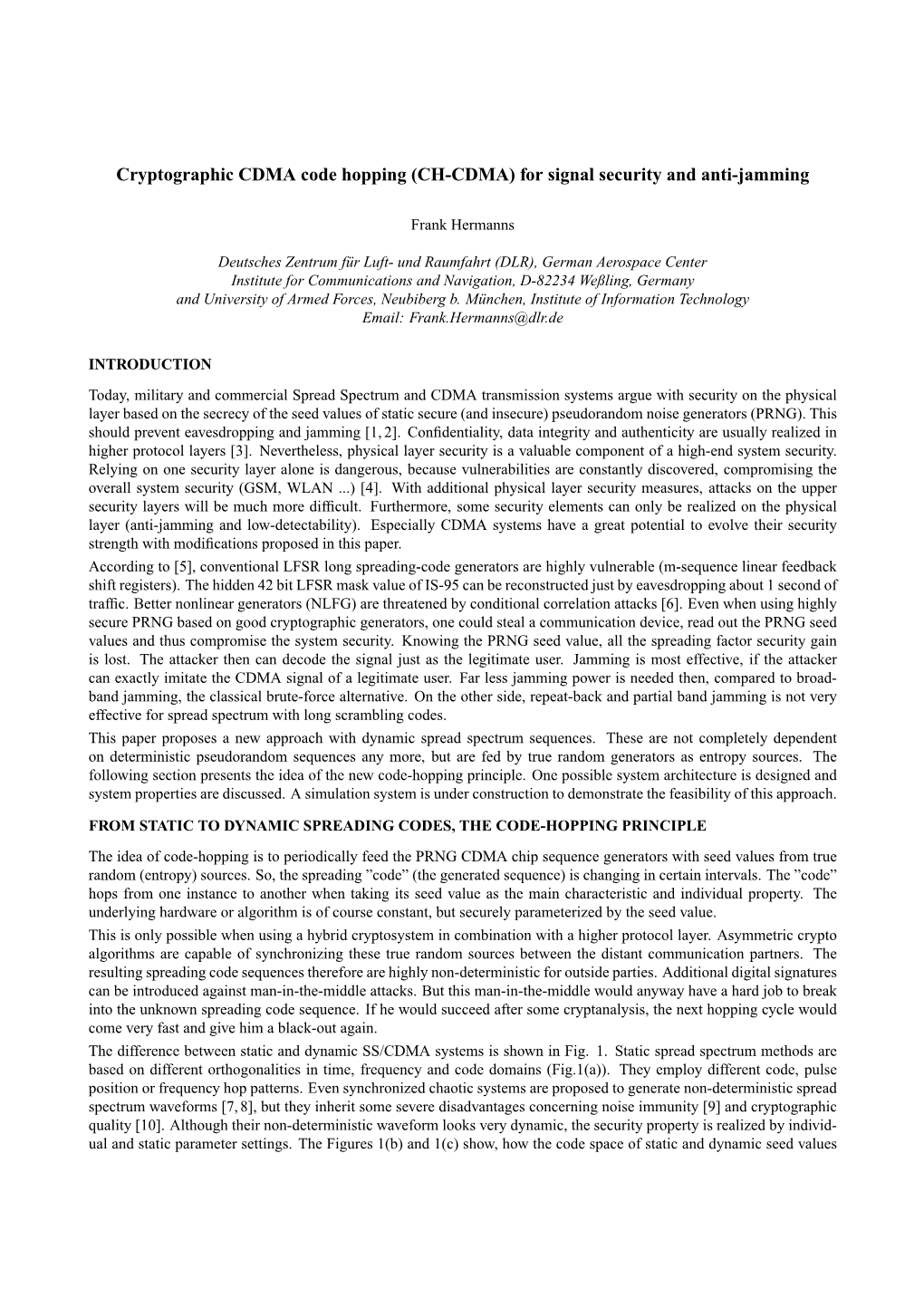 Cryptographic CDMA Code Hopping (CH-CDMA) for Signal Security and Anti-Jamming