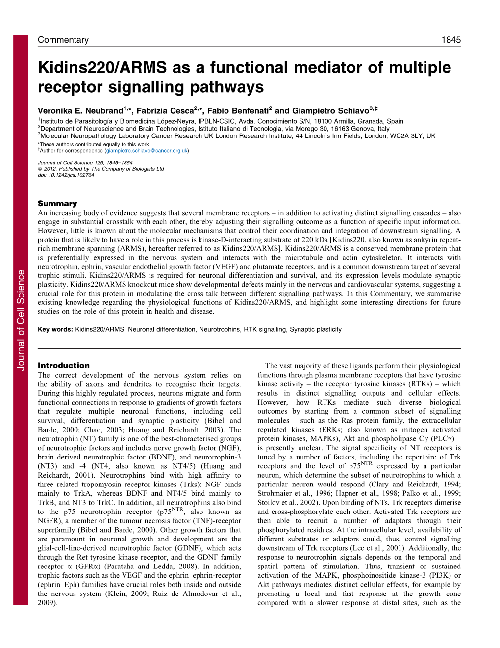 Kidins220/ARMS As a Functional Mediator of Multiple Receptor Signalling Pathways