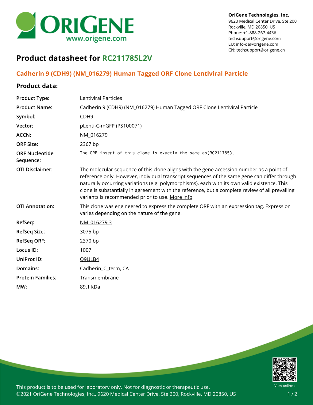 (CDH9) (NM 016279) Human Tagged ORF Clone Lentiviral Particle Product Data