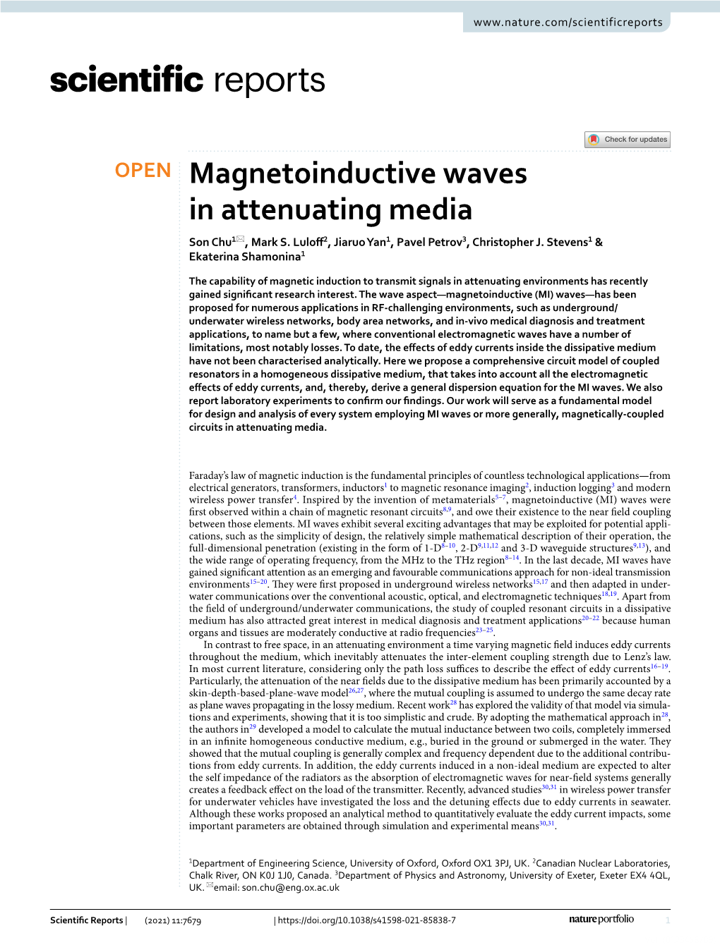 Magnetoinductive Waves in Attenuating Media Son Chu1*, Mark S