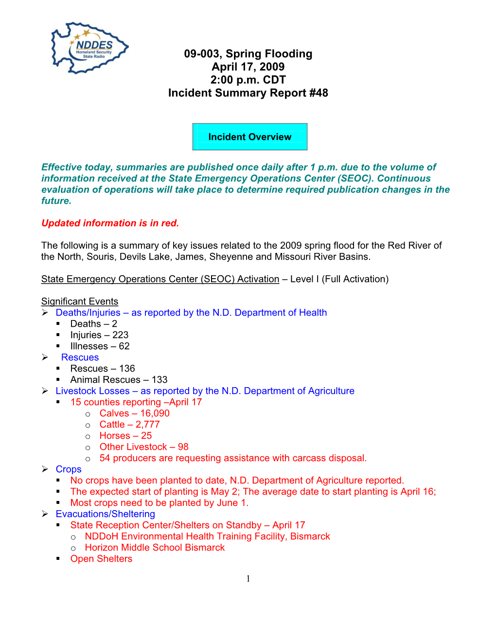09-003, Spring Flooding April 17, 2009 2:00 P.M. CDT Incident Summary Report #48