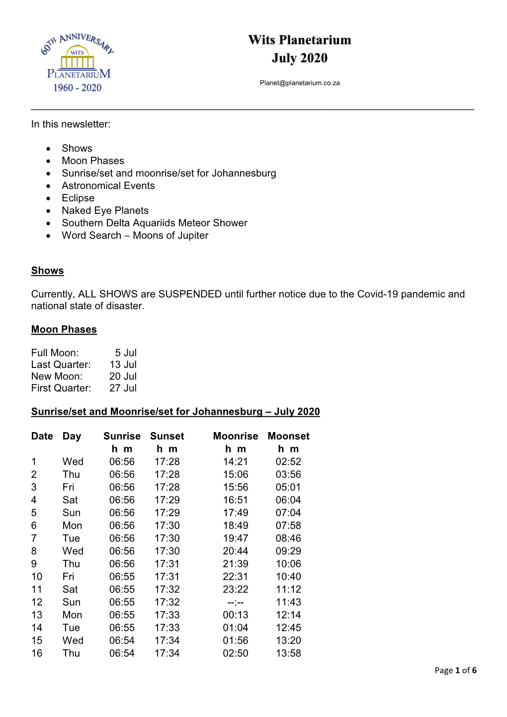 Wits Planetarium July 2020