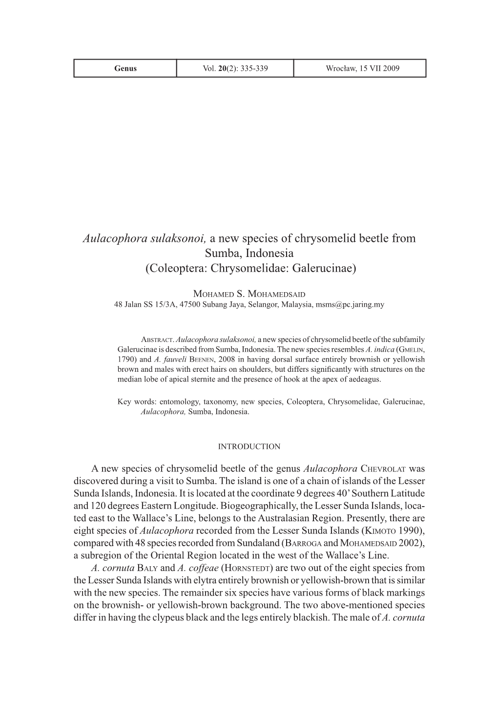 Aulacophora Sulaksonoi, a New Species of Chrysomelid Beetle from Sumba, Indonesia (Coleoptera: Chrysomelidae: Galerucinae)