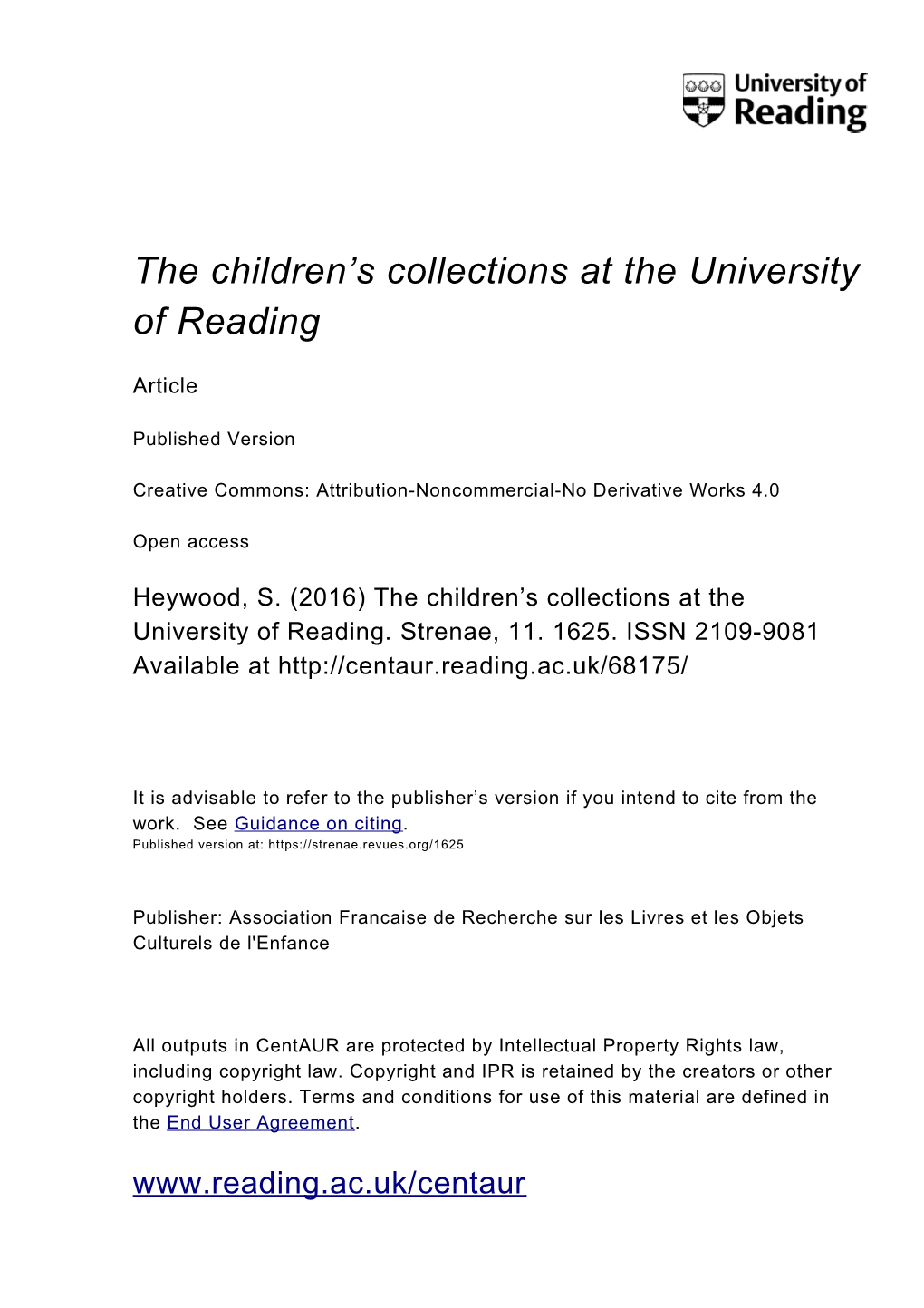 Strenæ, 11 | 2016 the Children’S Collections at the University of Reading 2