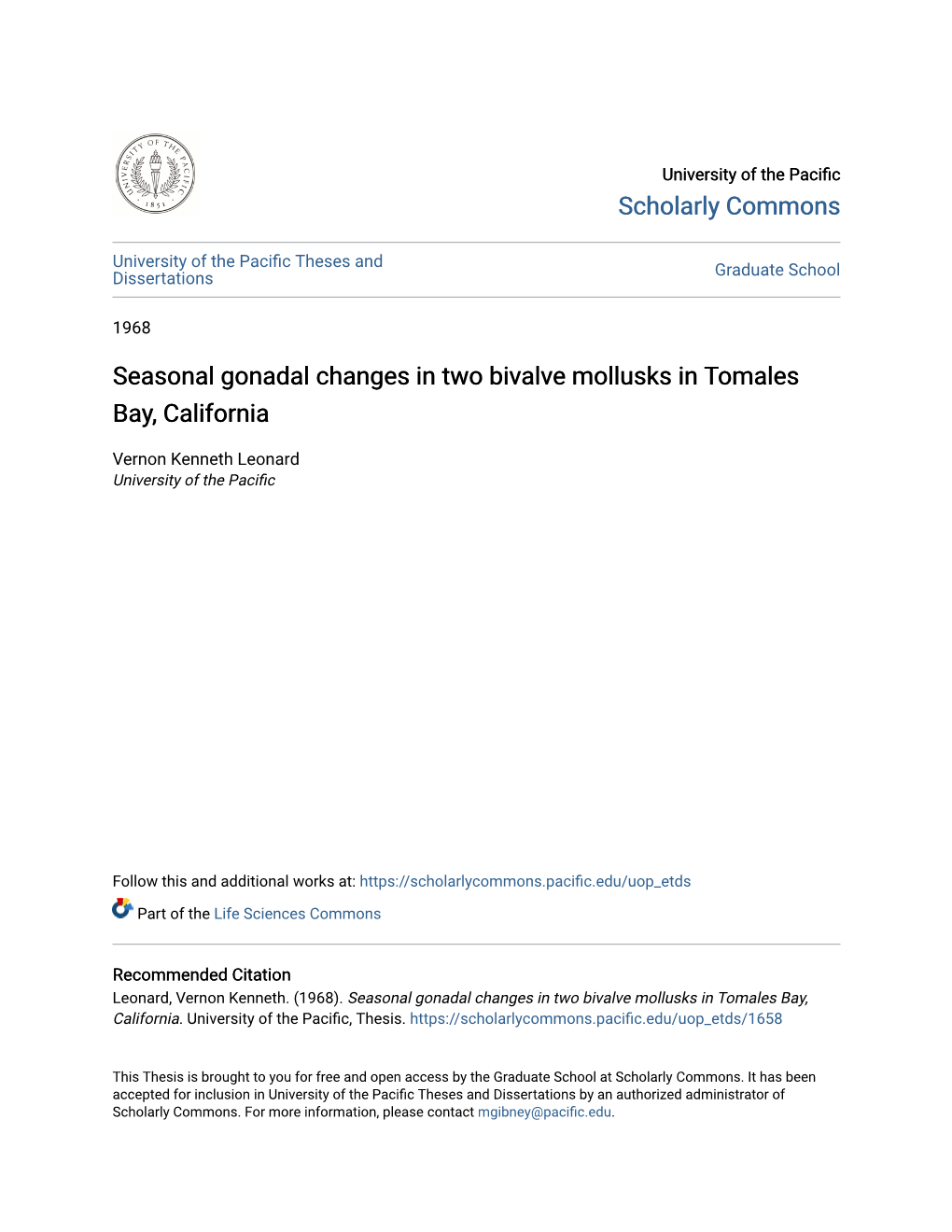 Seasonal Gonadal Changes in Two Bivalve Mollusks in Tomales Bay, California