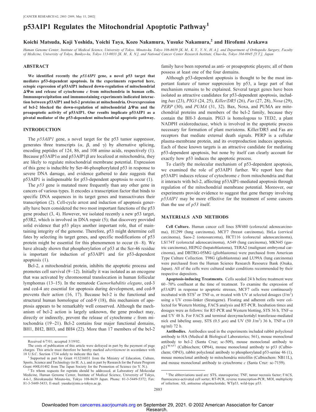 P53aip1 Regulates the Mitochondrial Apoptotic Pathway1