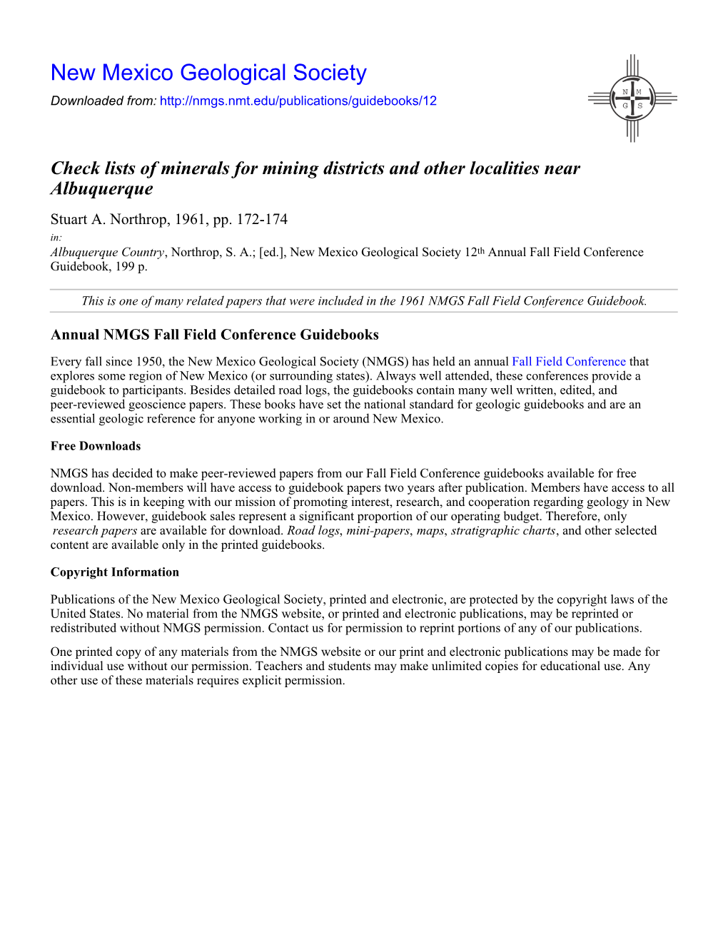 Check Lists of Minerals for Mining Districts and Other Localities Near Albuquerque Stuart A