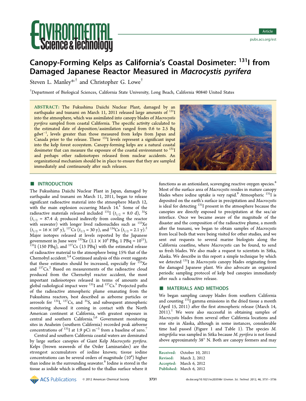 Canopy-Forming Kelps As California's Coastal Dosimeter: 131I from Damaged Japanese Reactor Measured in Macrocystis Pyrifera