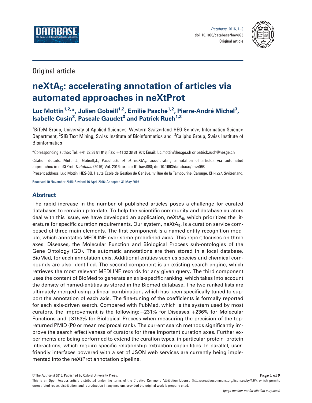 Accelerating Annotation of Articles Via Automated Approaches in Nextprot