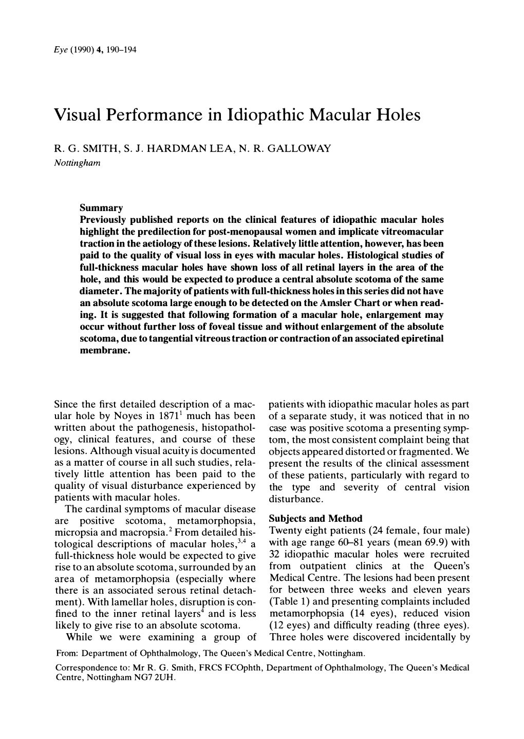 Visual Performance in Idiopathic Macular Holes