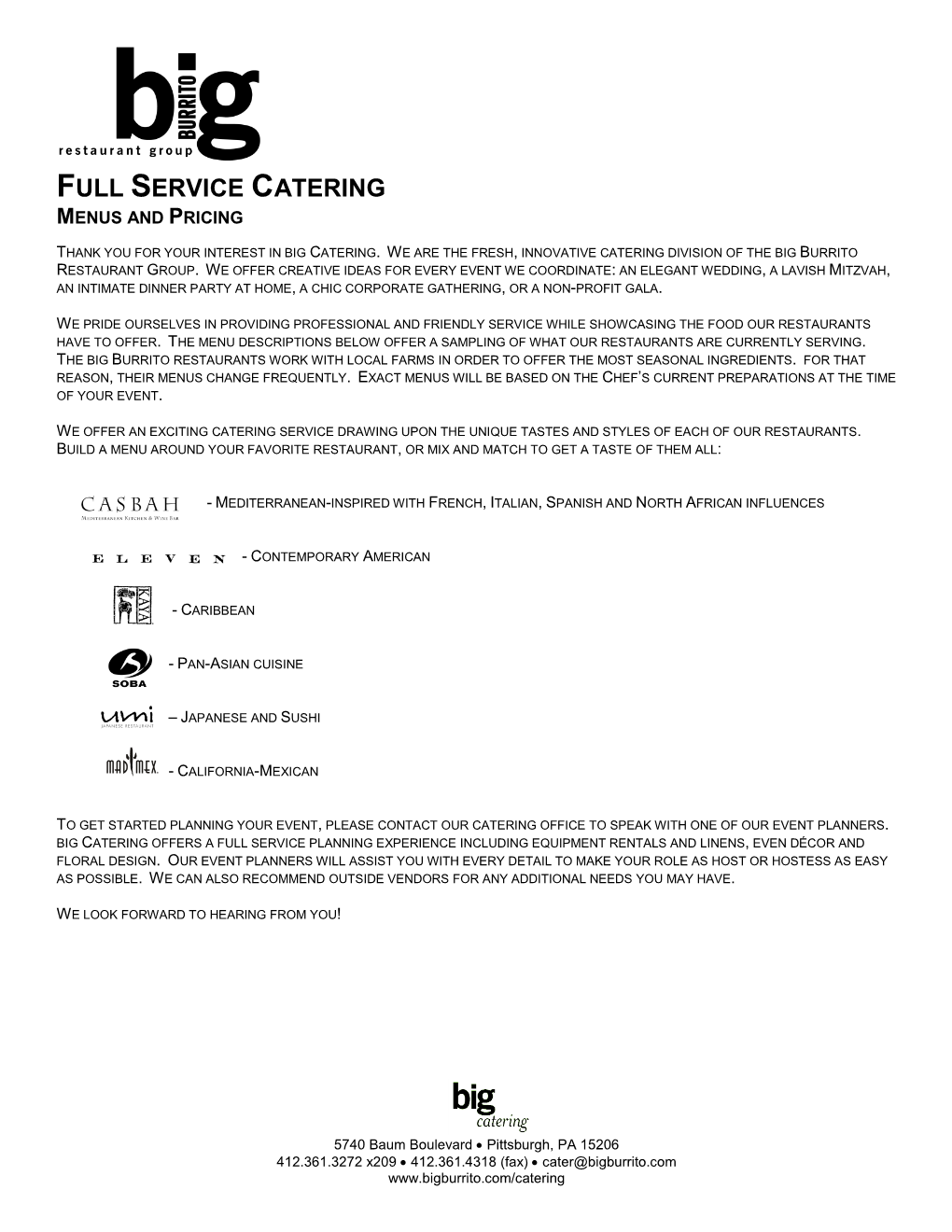 Big Catering Menu