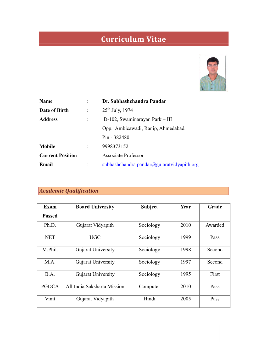 4. Dr. Shubhashchandra Pandar [Associate Professor (CAS)]