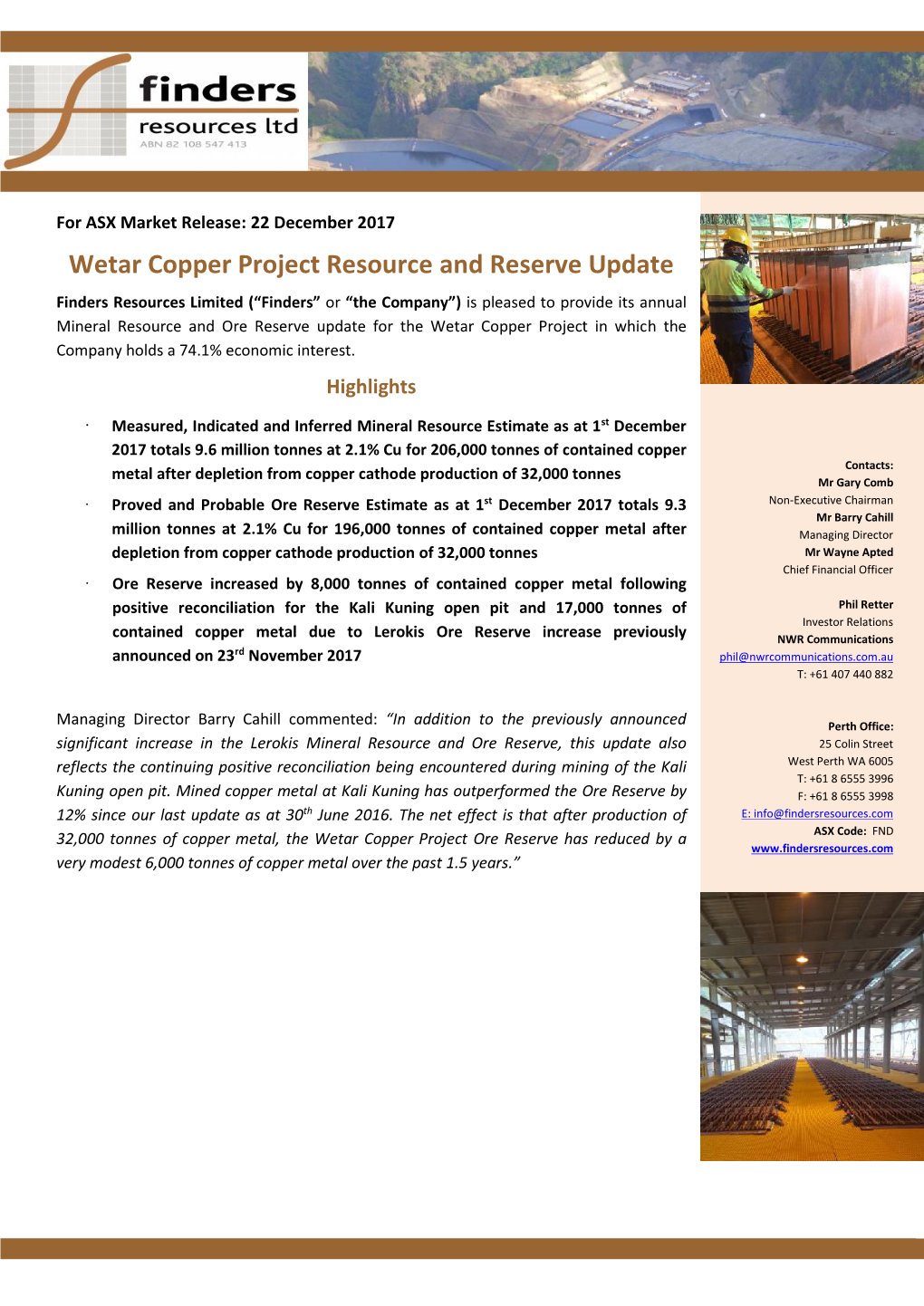 Wetar Copper Project Resource and Reserve Update