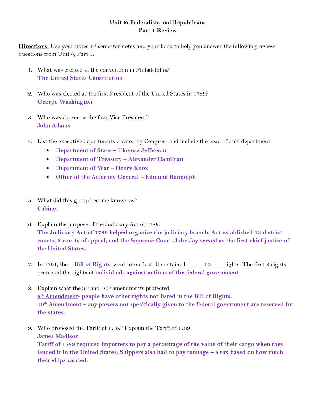 Unit 6: Federalists and Republicans Part 1 Review Directions