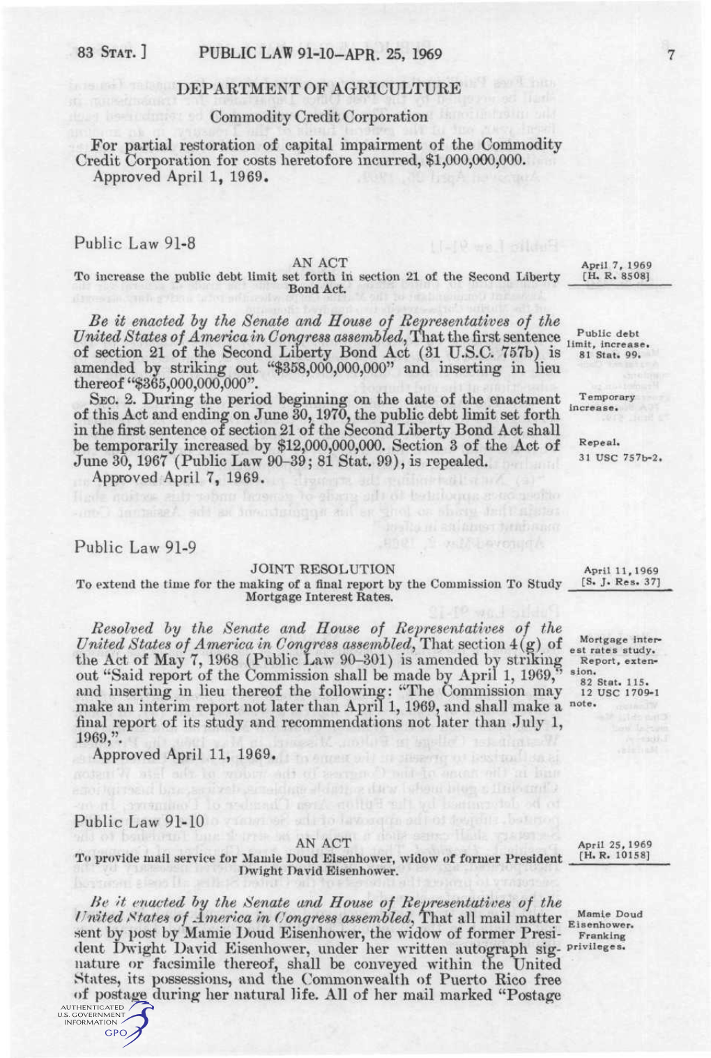 83 Stat. ] Public Law 91-10-Apr. 25, 1969 Department Of