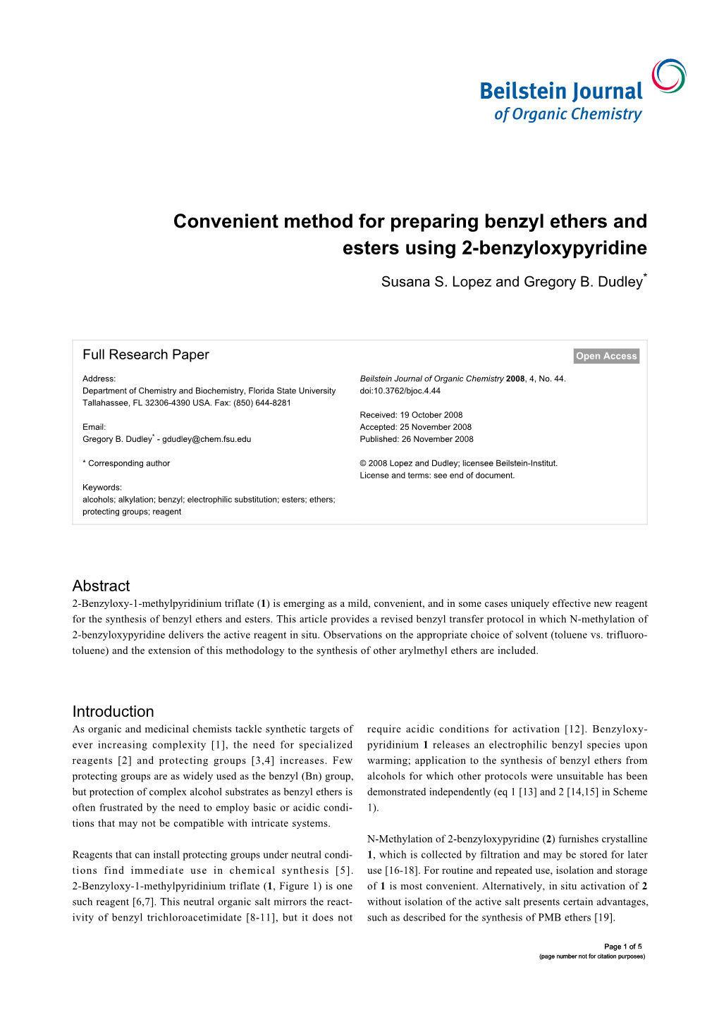 Convenient Method for Preparing Benzyl Ethers and Esters Using 2-Benzyloxypyridine