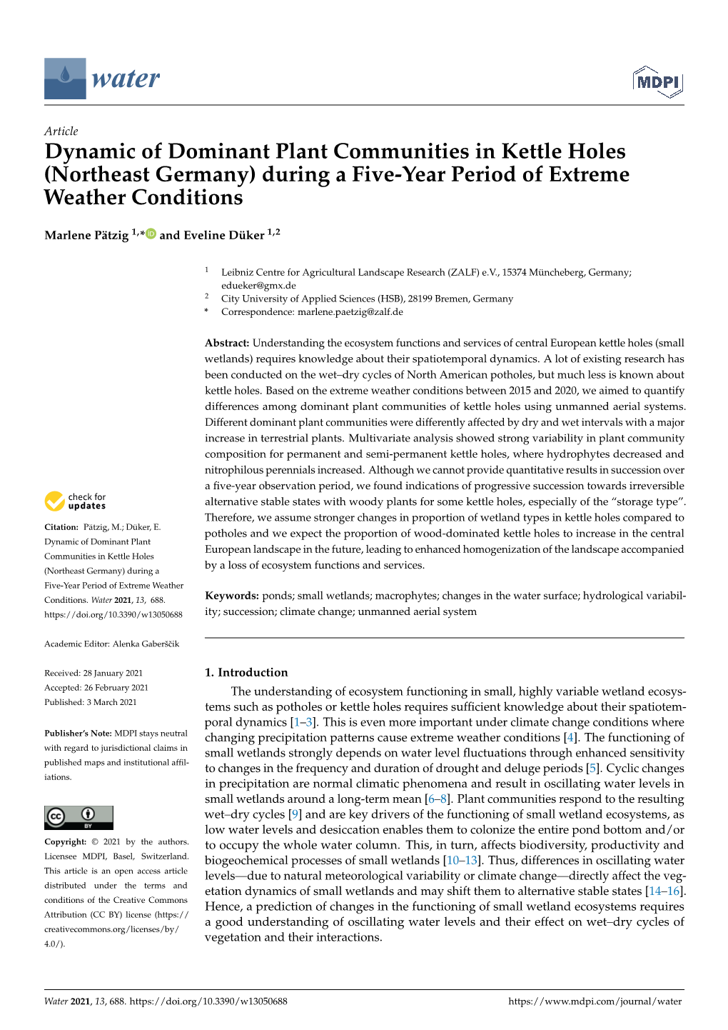 Dynamic of Dominant Plant Communities in Kettle Holes (Northeast Germany) During a Five-Year Period of Extreme Weather Conditions