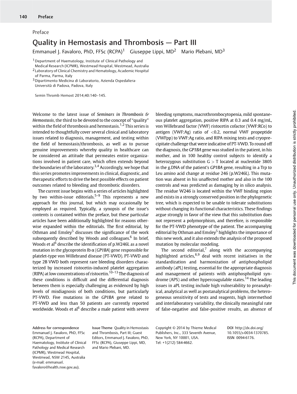 Quality in Hemostasis and Thrombosis — Part III Emmanuel J