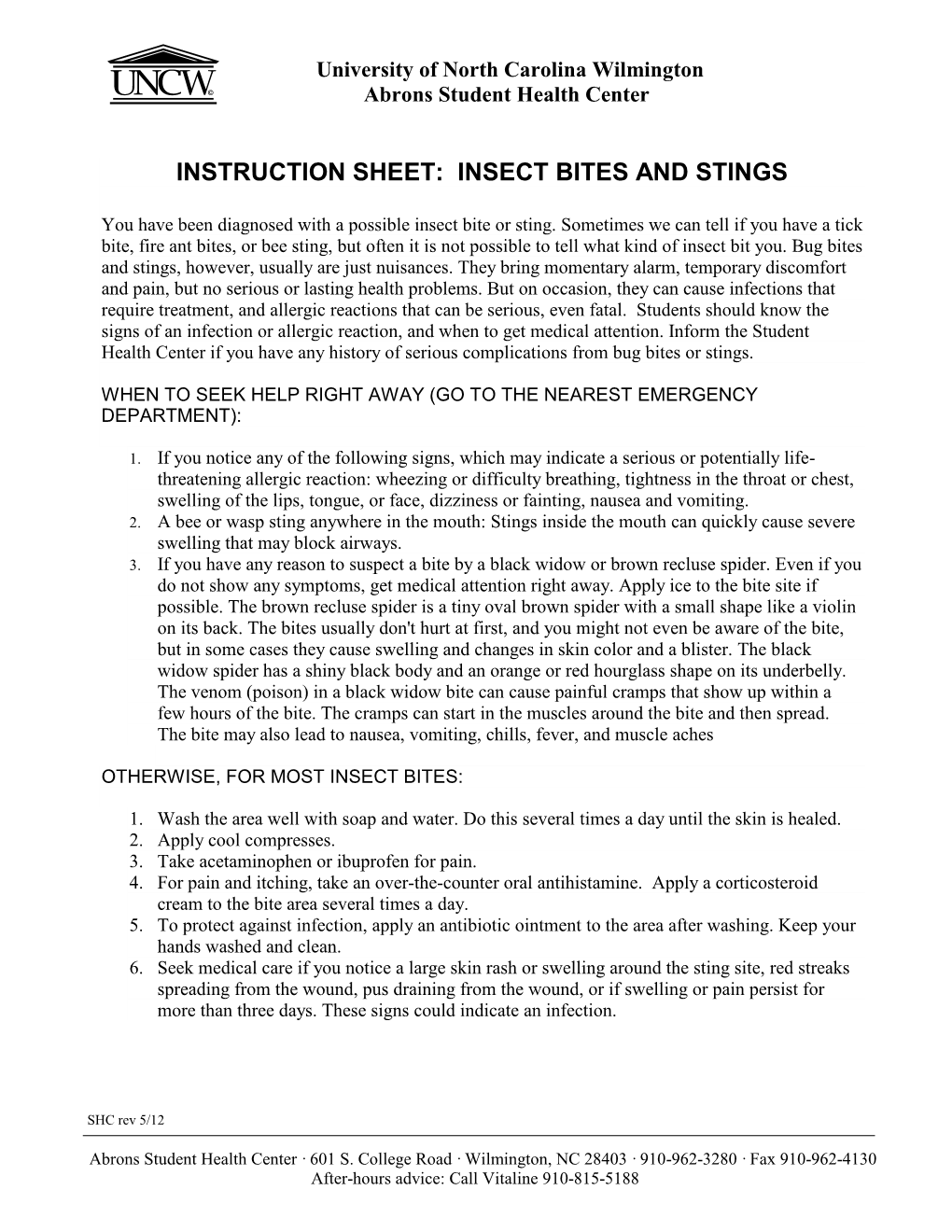 Instruction Sheet: Insect Bites and Stings