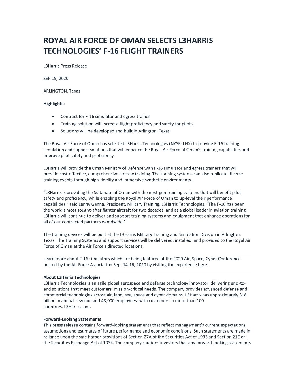 Royal Air Force of Oman Selects L3harris Technologies’ F-16 Flight Trainers