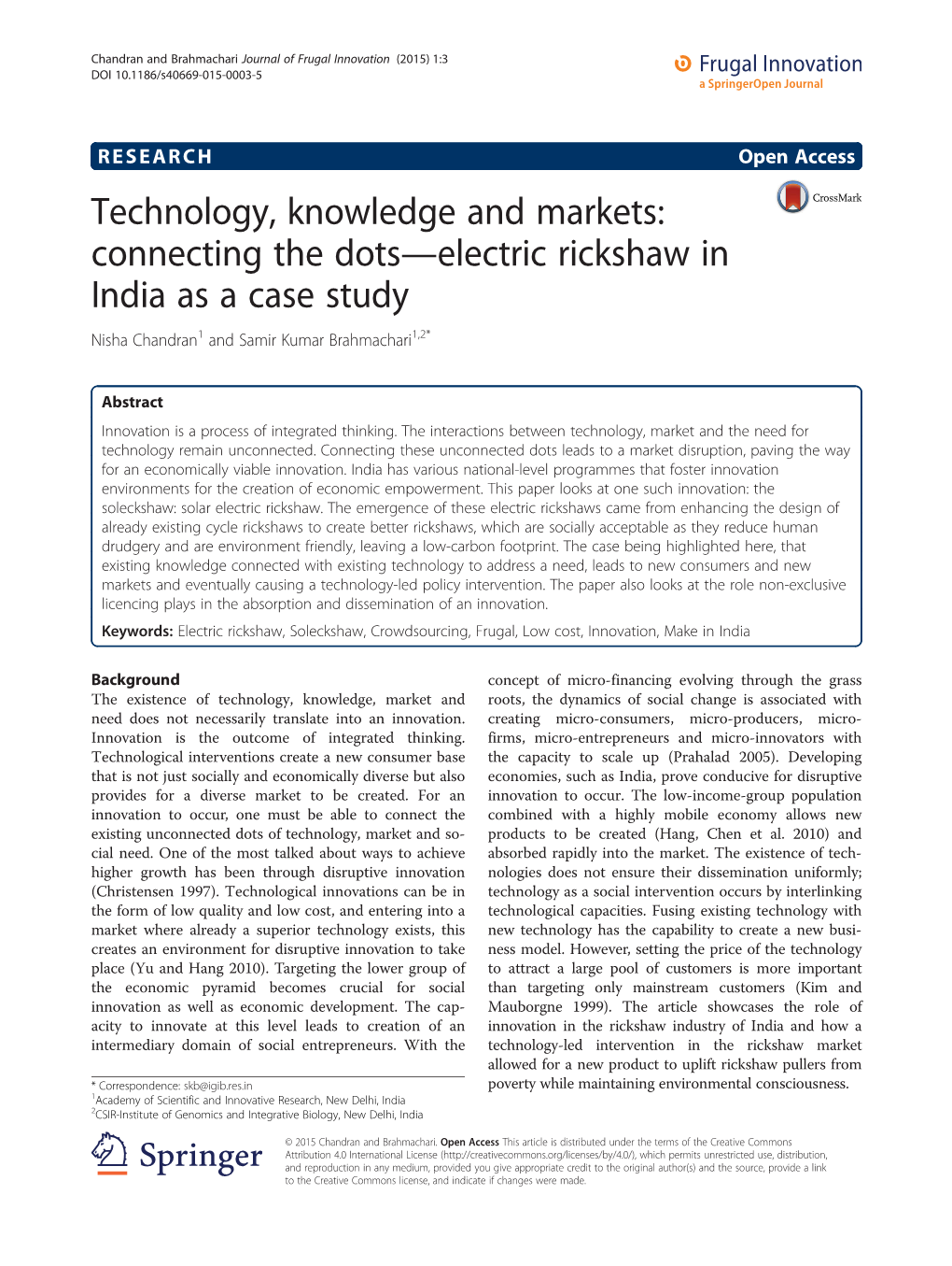 Connecting the Dots—Electric Rickshaw in India As a Case Study Nisha Chandran1 and Samir Kumar Brahmachari1,2*