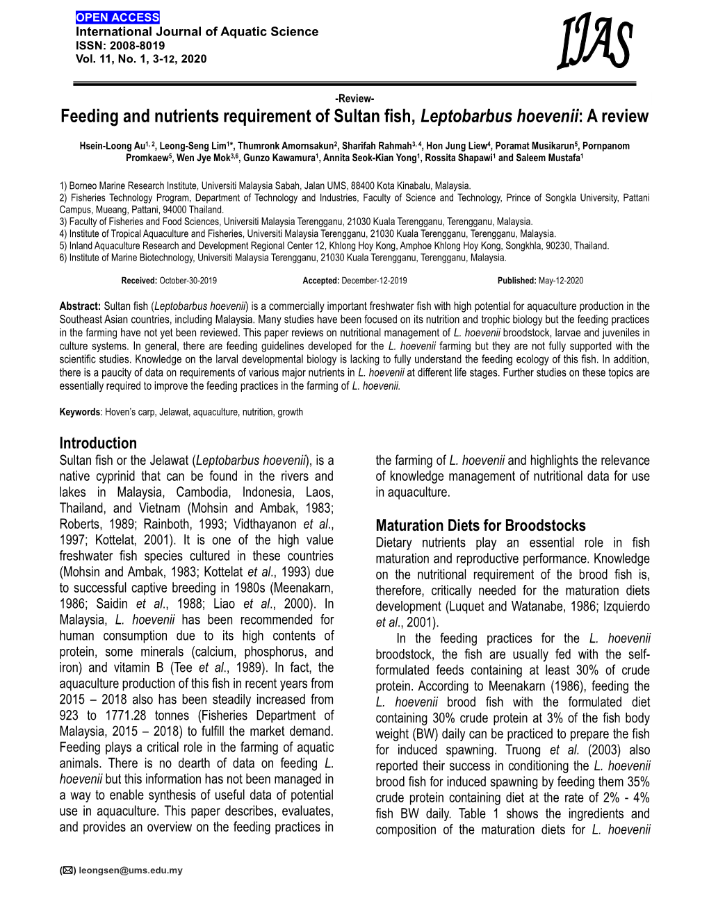 Feeding and Nutrients Requirement of Sultan Fish, Leptobarbus Hoevenii: a Review