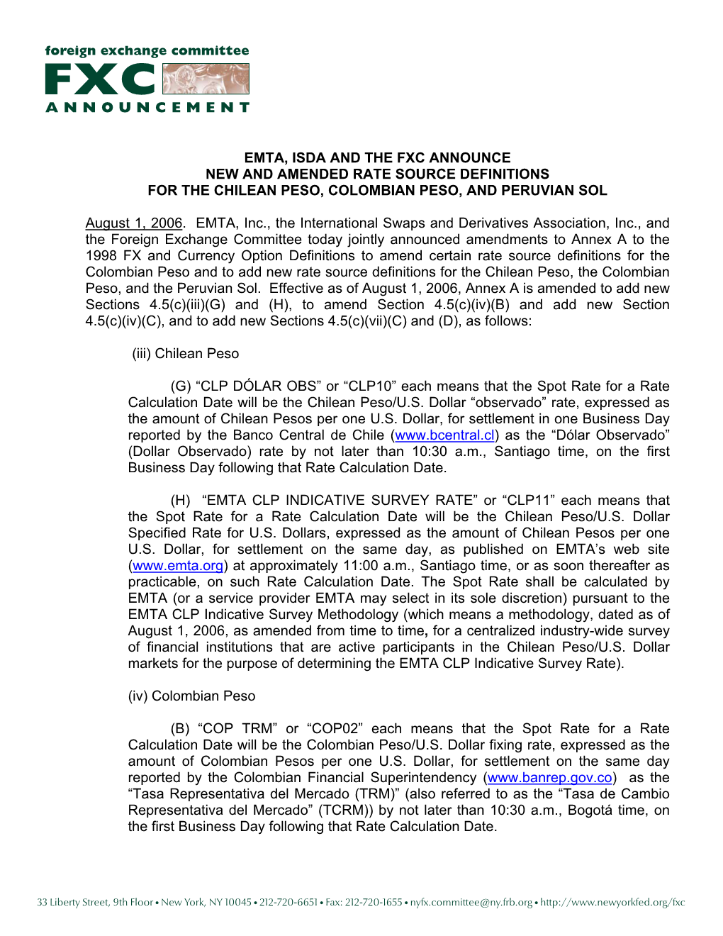 Emta, Isda and the Fxc Announce New and Amended Rate Source Definitions for the Chilean Peso, Colombian Peso, and Peruvian Sol