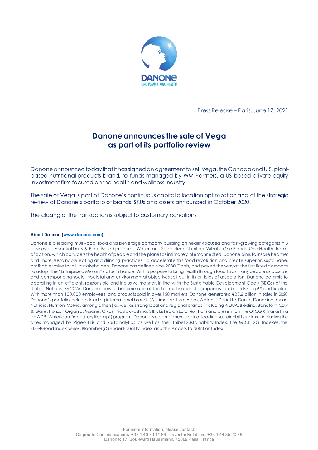 Danone Announces the Sale of Vega As Part of Its Portfolio Review