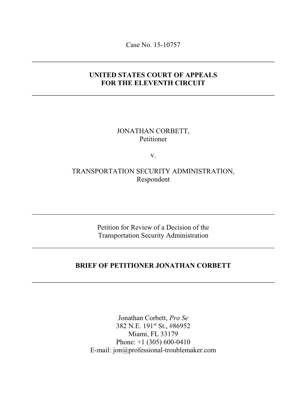 Corbett V. TSA 767 F.3D 1171 (11Th Cir