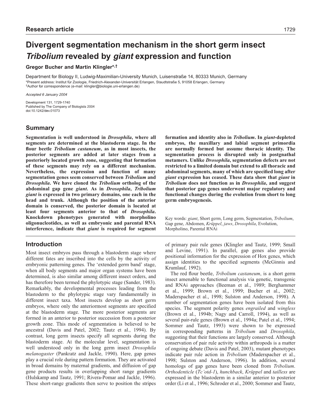 Divergent Segmentation Mechanism in the Short Germ Insect Tribolium Revealed by Giant Expression and Function