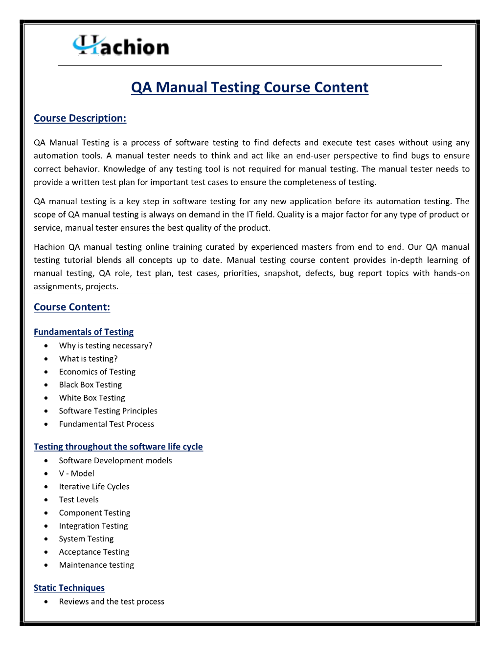 QA Manual Testing Course Content