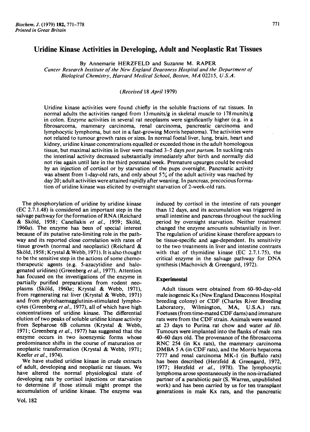 Uridine Kinase Activities in Developing, Adult and Neoplastic Rat Tissues by Annemarie HERZFELD and Suzanne M