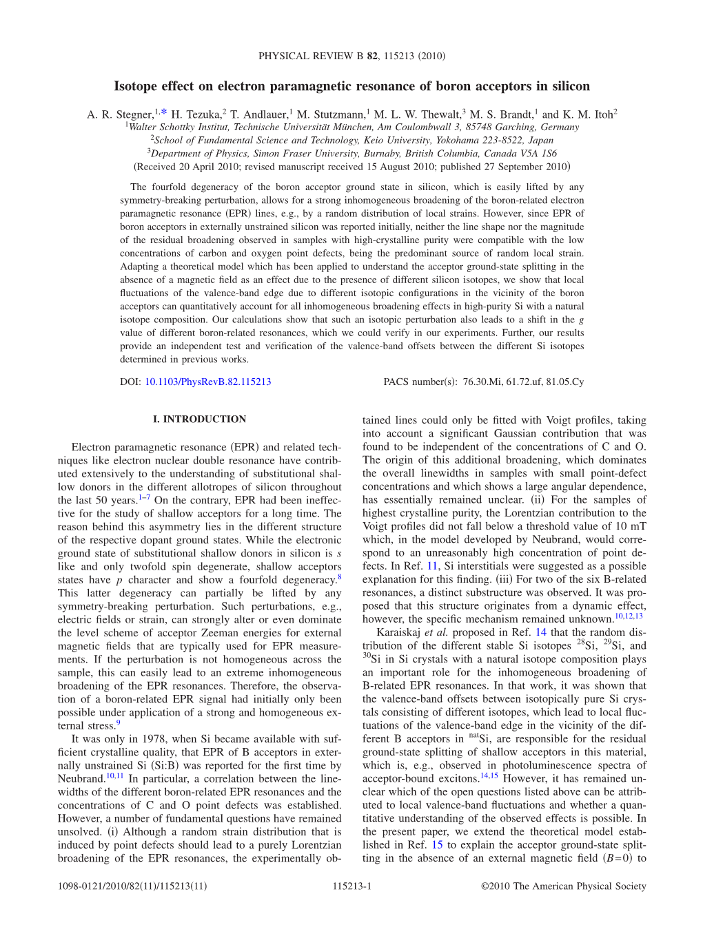 Isotope Effect on Electron Paramagnetic Resonance of Boron Acceptors in Silicon