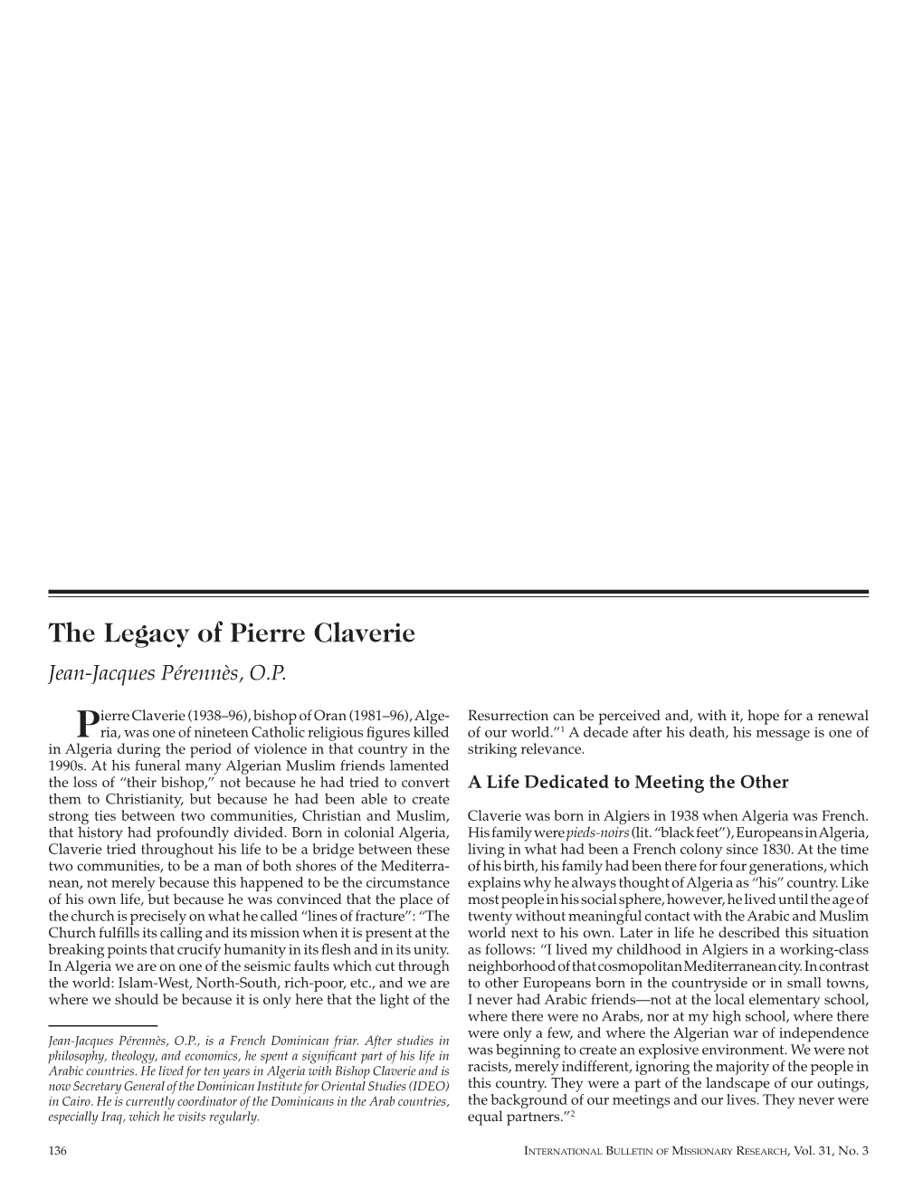 The Legacy of Pierre Claverie Jean-Jacques Pérennès, O.P