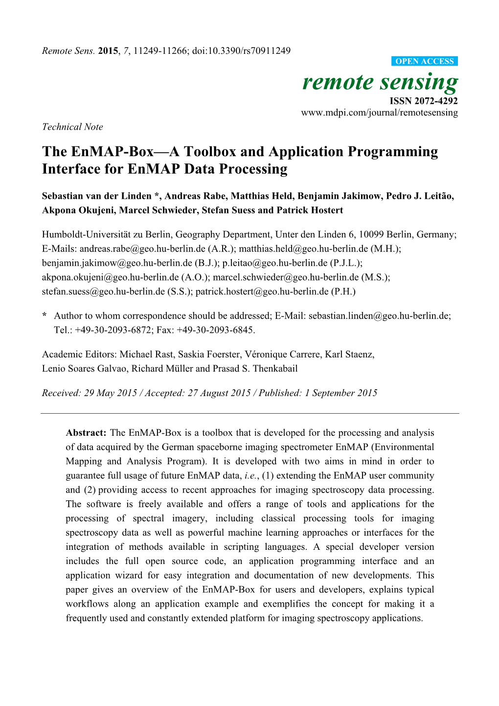 The Enmap-Box—A Toolbox and Application Programming Interface for Enmap Data Processing