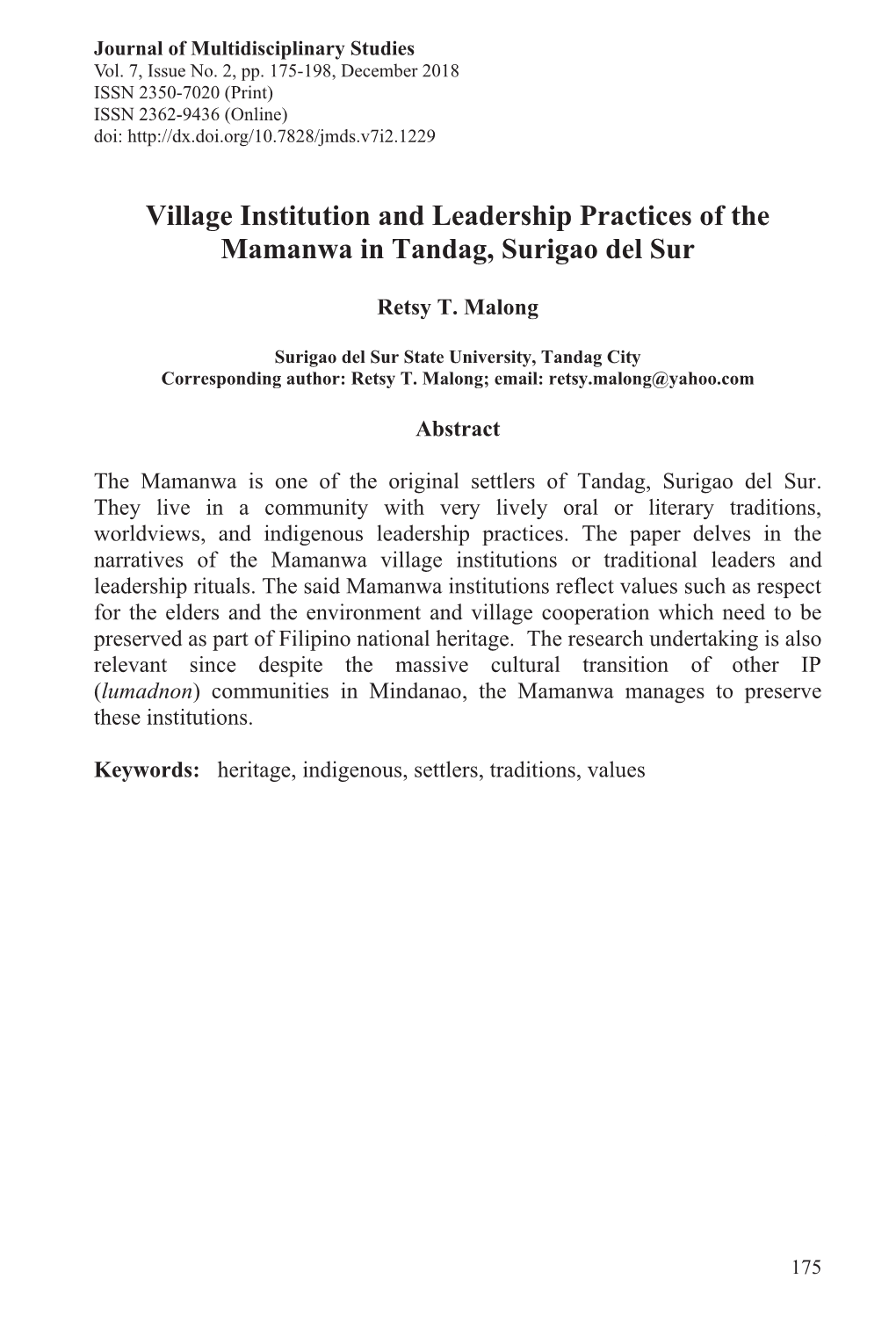 Village Institution and Leadership Practices of the Mamanwa in Tandag, Surigao Del Sur