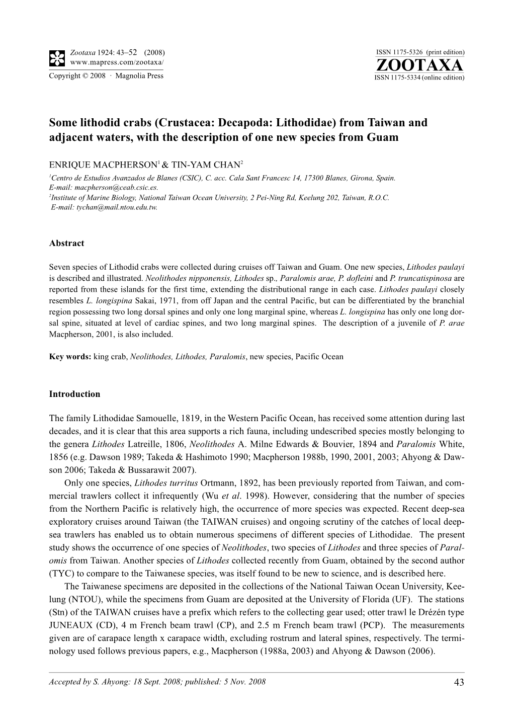 Zootaxa, Some Lithodid Crabs (Crustacea