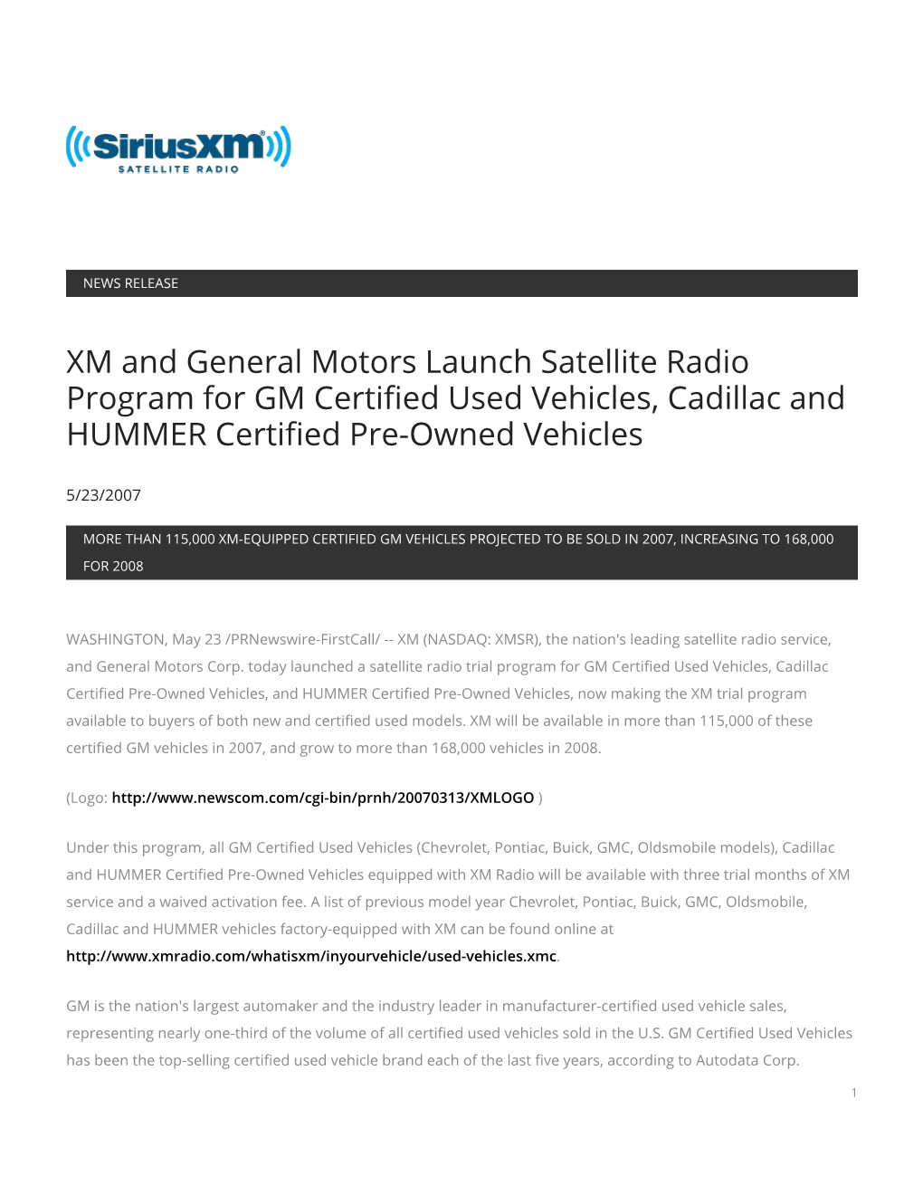 XM and General Motors Launch Satellite Radio Program for GM Certified Used Vehicles, Cadillac and HUMMER Certified Pre-Owned Vehicles