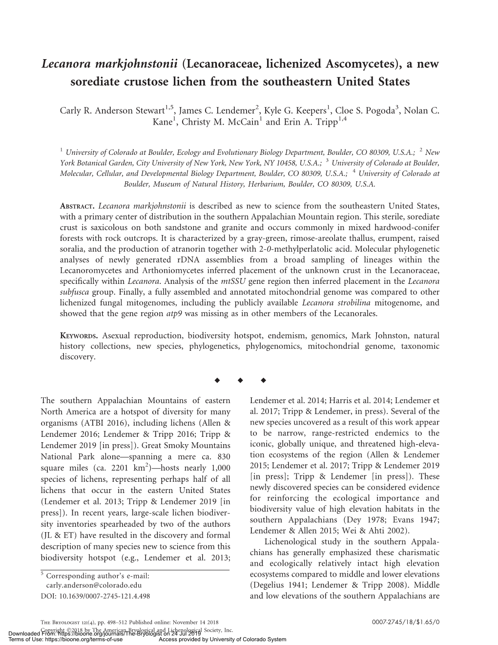 Lecanora Markjohnstonii (Lecanoraceae, Lichenized Ascomycetes), a New Sorediate Crustose Lichen from the Southeastern United States