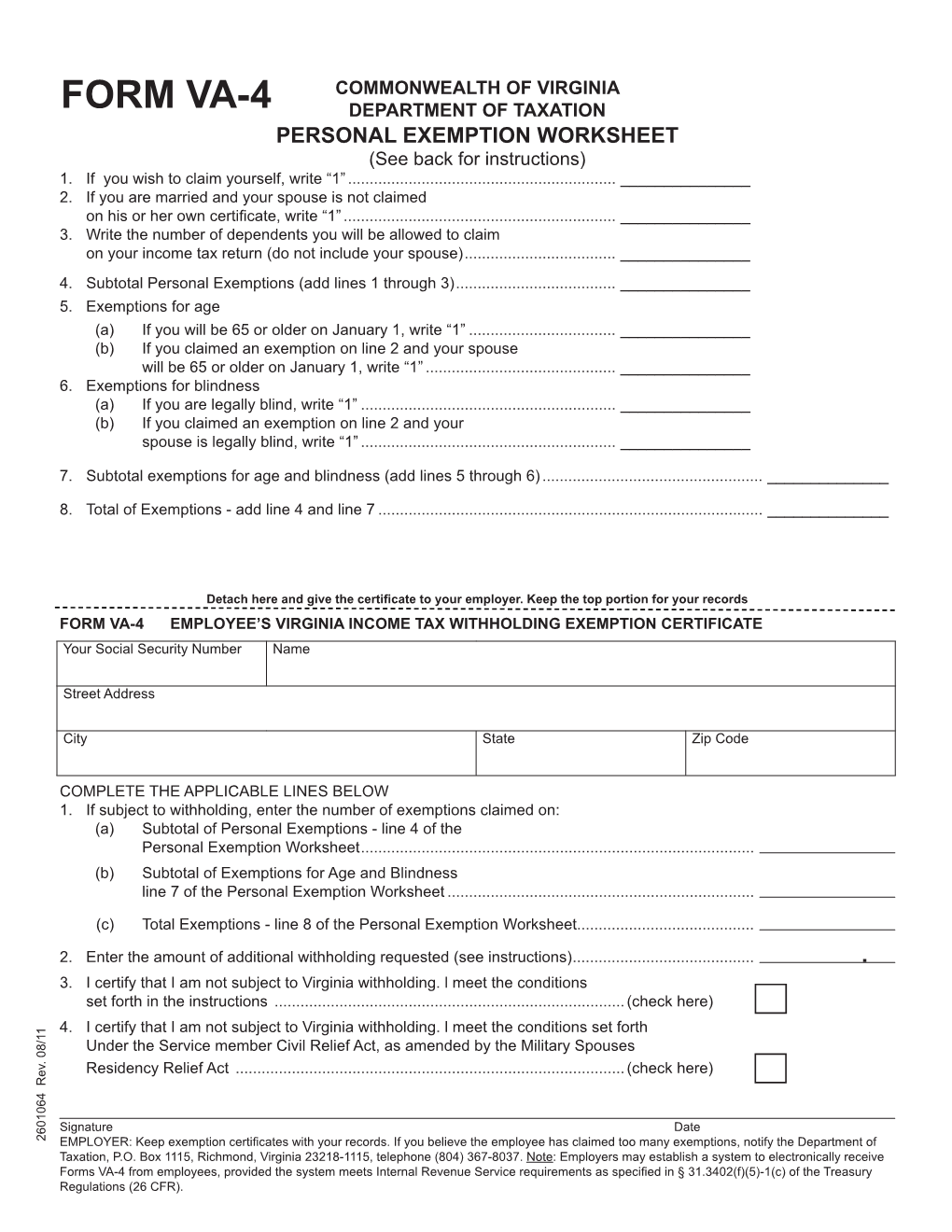 Employee's Virginia Withholding Exemption (Form VA-4)