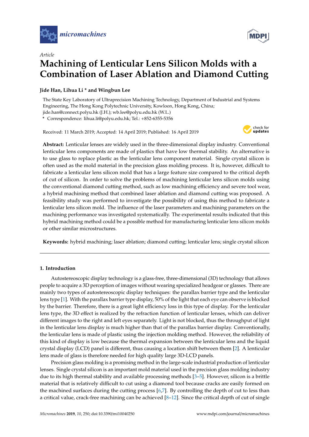 Machining of Lenticular Lens Silicon Molds with a Combination of Laser Ablation and Diamond Cutting