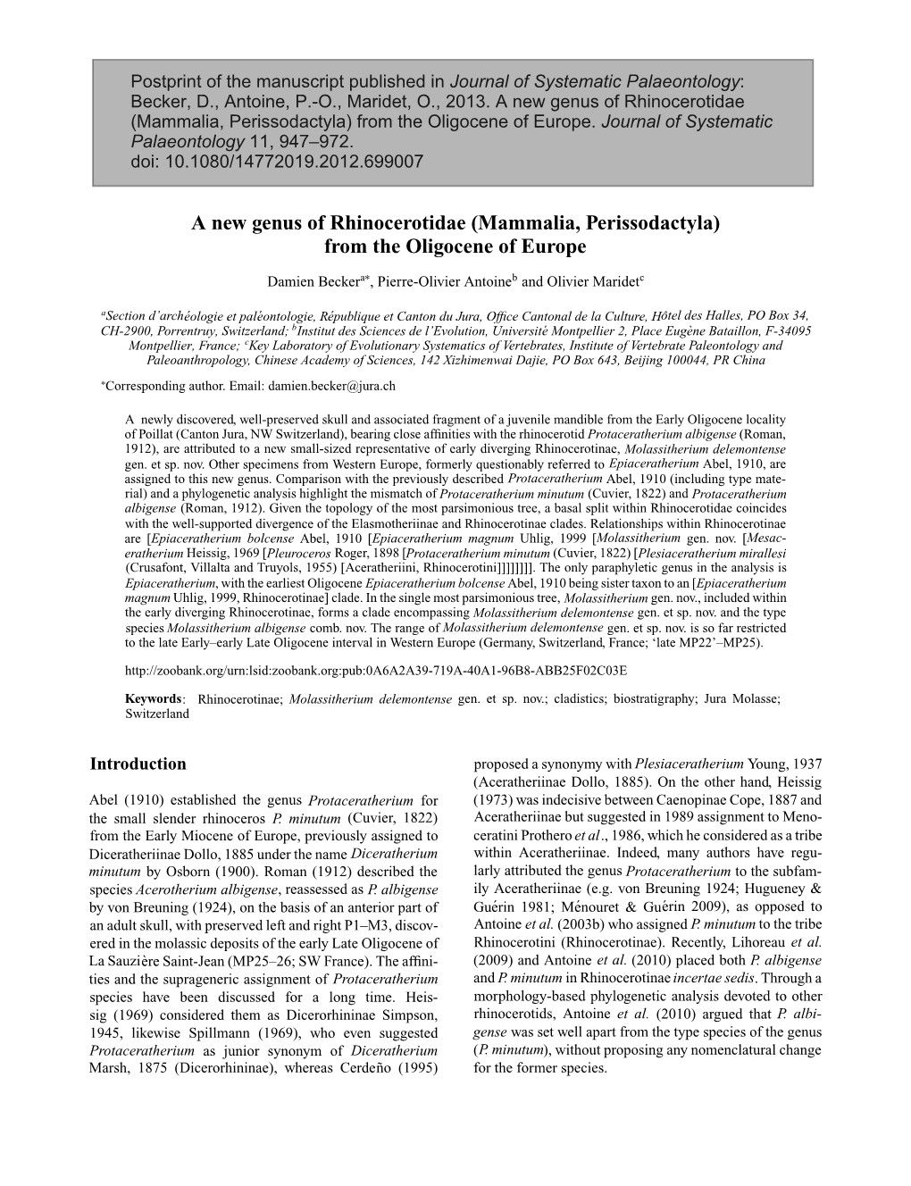 Mammalia, Perissodactyla) from the Oligocene of Europe