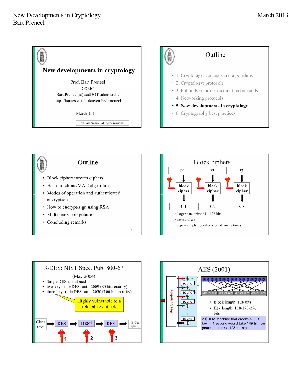 New Developments in Cryptology Outline Outline Block Ciphers AES