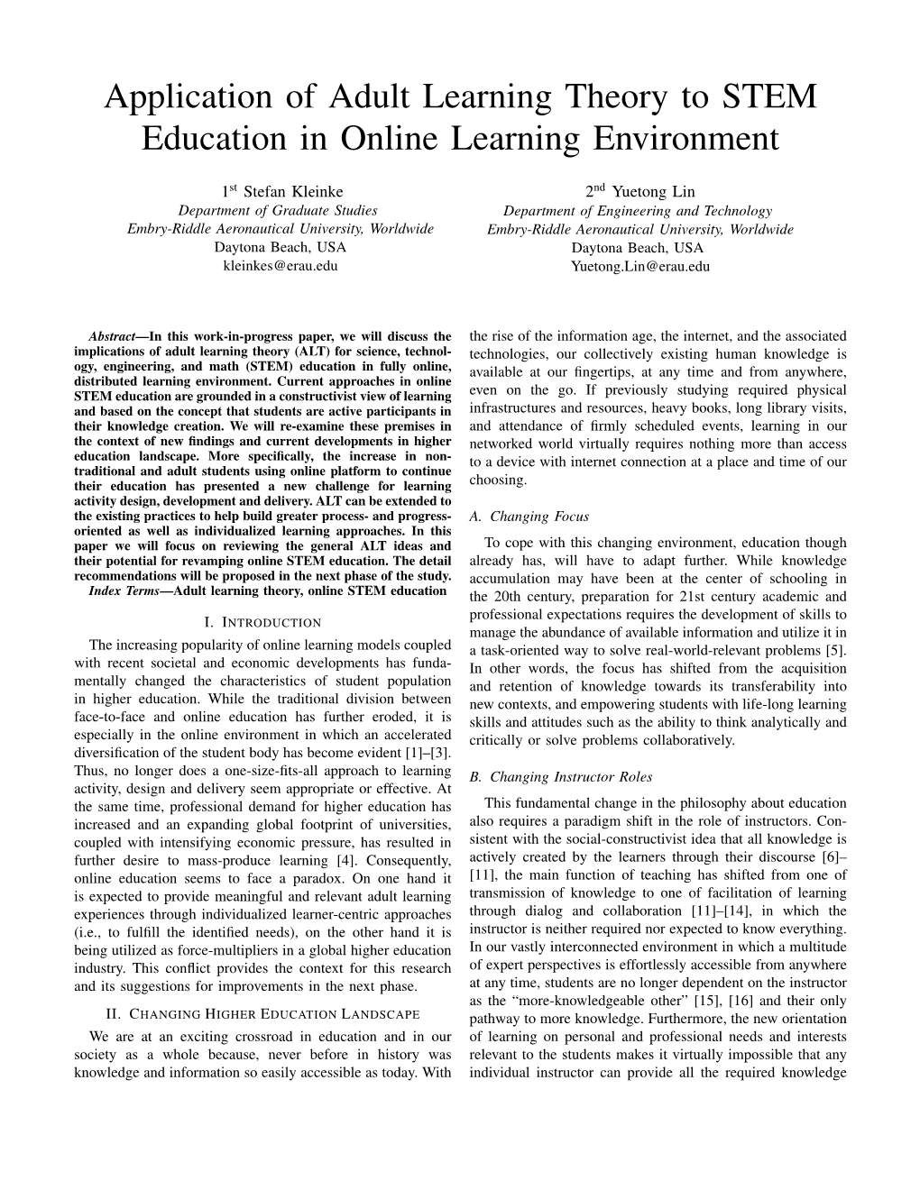 Application of Adult Learning Theory to STEM Education in Online Learning Environment