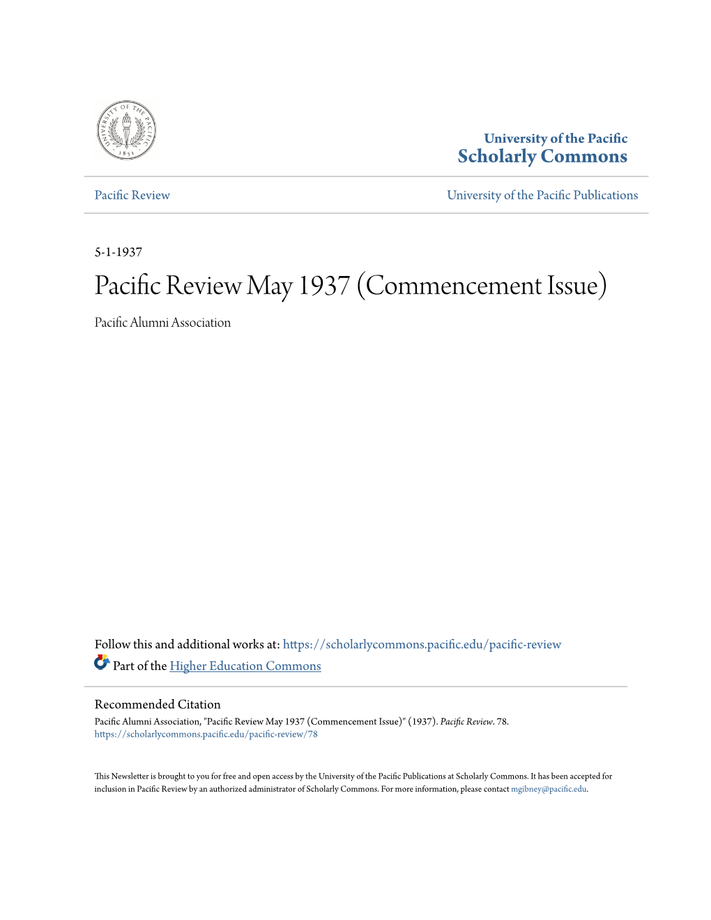 Pacific Review May 1937 (Commencement Issue) Pacific Alumni Association