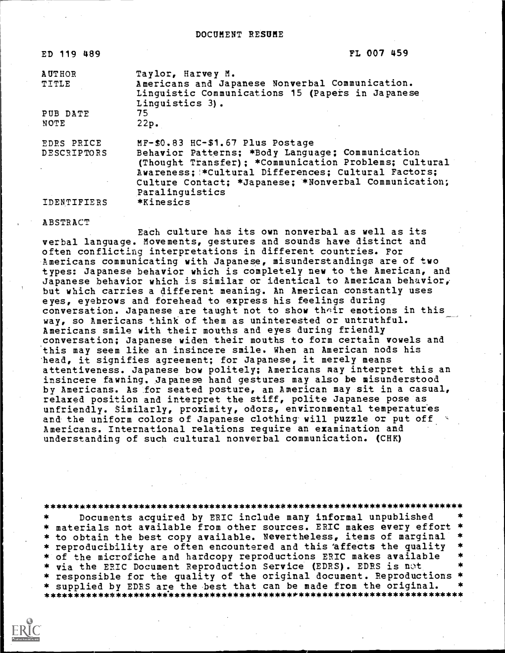 Americans and Japanese Nonverbal Communication. Linguistic Communications 15 (Papers in Japanese Linguistics 3)